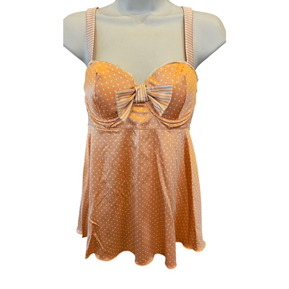 Fredricks of Hollywood sz M peach orange babydoll lingerie top polkadot push up